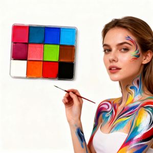 พาเลทสีเพ้นท์หน้าและผิวกาย 12 สี สูตรธรรมชาติจากพืช กันน้ำ สำหรับเด็ก ใช้ในงานเทศกาล ปาร์ตี้ฮาโลวีน อุปกรณ์แต่งหน้าร่างกาย - Product Image 1