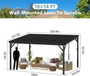 Pergola murale à toit rigide 10x14 pieds, abri de jardin inclinable avec toit en aluminium, auvent extérieur pour patio, terrasse, noir - Product Image 2