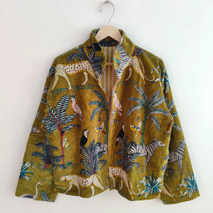 Veste bomber en velours bohème à imprimé jungle verte, réversible, écologique, respirante, hiver - Product Image 1