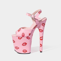 Sandales d'été sexy à talons hauts de 20 cm, plateforme ouverte, imprimé lèvres noir/rose pâle, pour boîte de nuit, danse sur barre, semelle intermédiaire en bois