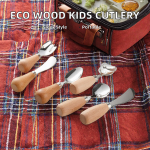 Juego de cubiertos nórdicos de acero inoxidable con mango de madera, ecológicos, aptos para lavavajillas, utensilios de alimentación para niños, cuchara, tenedor, cuchillo - Product Image 2