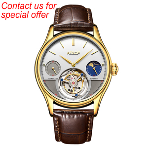 Montre pour homme haut de gamme, squelette, tourbillon, phase de lune, double fuseau horaire, mécanique manuelle - Product Image 1
