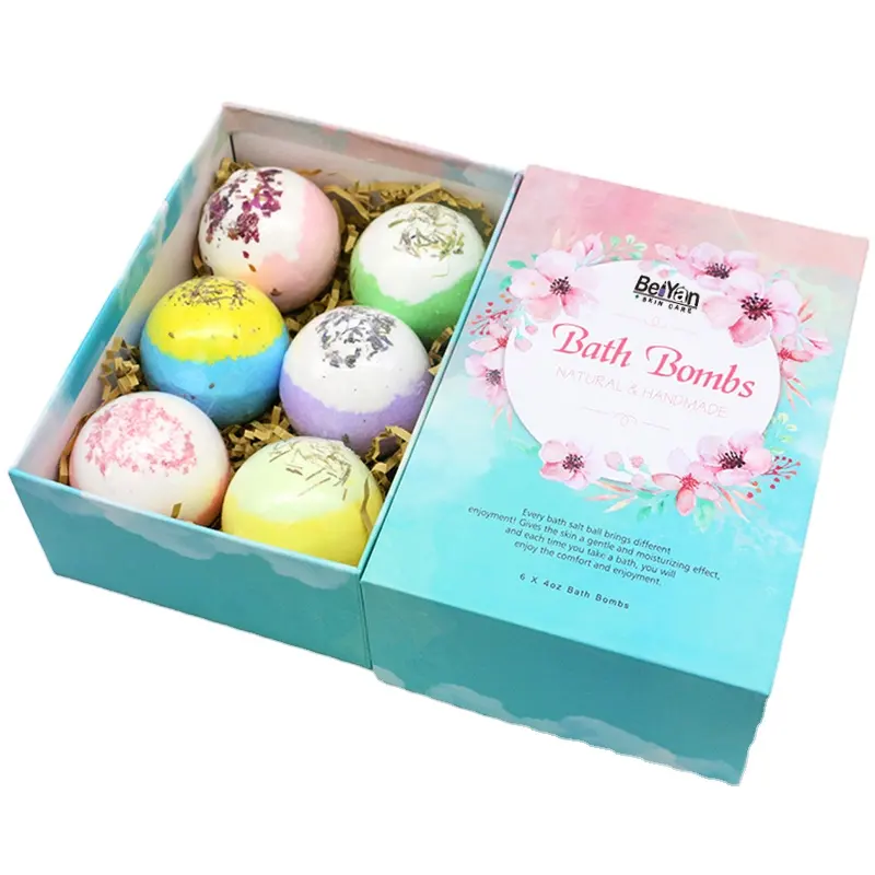 Bombe de bain pour le bien-être faite à la main, ensemble cadeau 6x4Oz, étiquette privée, boule de bain avec fleurs séchées, bombe de bain étincelante OEM arc-en-ciel