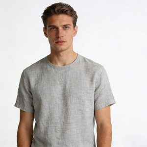 <span class=keywords><strong>T</strong></span>-shirt casual da uomo girocollo grigio chiaro in lino tinta unita, vestibilità comoda, traspirante, ecologica, leggera, per tutti i giorni - Product Image 6