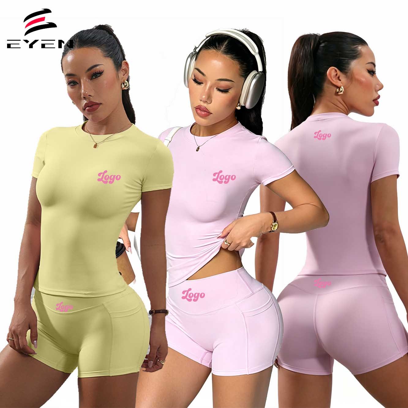 Wholesale Women Custom Logo Plain Clothing Sports 2 Piece Yoga Shorts Set Nylon Gym Workout Training Fitness Yoga Sets for Women