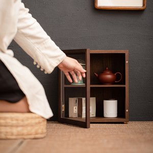 <b>Walnut</b> Wood Double Layer Storage <b>Cabinet</b> For Tea Set Display Desk Organizer With Glass Door And Shelf - Product Image 3