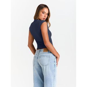 Women's Mock Neck Sleeveless Tank <b>Top</b> Short Knitted <b>Crop</b> <b>Top</b> For Spring Summer Casual Wear - Product Image 4