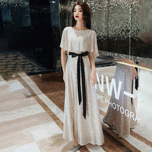Sequined Evening Gown Women O-Neck <b>A</b>-<b>Line</b> Natural Waist Apricot Base Silver Black Dark Green Wrap Tie Long <b>Dress</b> Banquet Party - Product Image 2
