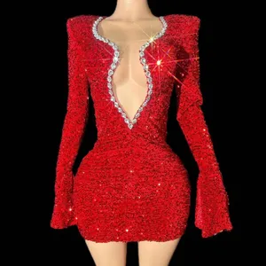 <span class=keywords><strong>Vestido</strong></span> <span class=keywords><strong>Corto</strong></span> Brillante con Lentejuelas Rojas y Pedrería para Mujer, Sexy, con Cuello en V Profundo, para Fiesta, Noche, Celebración, Cumpleaños, Club, Actuación, Escenario - Product Image 1