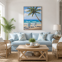 Peinture à l'huile sur toile de coucher de soleil sur la plage tropicale avec palmiers, art mural décoratif moderne de grande taille, fait main, original, pour la maison
