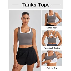 FOXA Womens Built In Bra Tank <b>Top</b> Gray Padded Scoop Neck Racerback <b>Cropped</b> Workout <b>Top</b> Breathable Knitted Spandex Polyester - Product Image 3