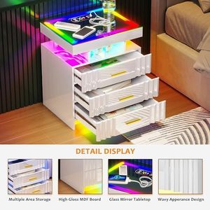 Mesita <span class=keywords><strong>de</strong></span> <span class=keywords><strong>noche</strong></span> LED moderna, 24 <span class=keywords><strong>colores</strong></span>, regulable, puertos USB tipo C, mesita <span class=keywords><strong>de</strong></span> <span class=keywords><strong>noche</strong></span> brillante, 3 cajones, dormitorio, carga blanca - Product Image 6