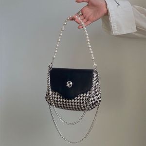 Bolso de Hombro Cruzado de Alta Gama para Mujer con Cadena de Perlas y Diseño de Pata de Gallo, Diseño Exclusivo en Contraste de Color, Todas las Tallas, Bolso de Moda - Product Image 2