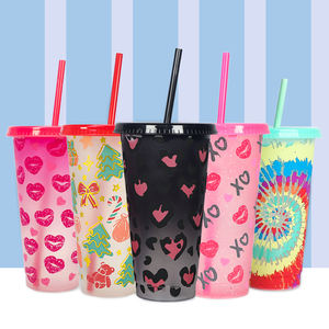 Tazze che Cambiano Colore Riutilizzabili Bicchieri Magici in Plastica per Bevande Ghiacciate Acqua <span class=keywords><strong>Caffè</strong></span> 16 24 oz Tazza Cambia Colore con Coperchio <span class=keywords><strong>e</strong></span> Cannuccia - Product Image 2