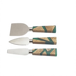 High Quality Luxury 3-Piece Silver Stainless Steel Cheese <b>Set</b> Wood Green Resin Handles Eco-Friendly Square Shape Dishwasher Safe - Product Image 3