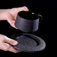 Ensemble de tasses à café en céramique noire émaillée mate rétro haut de gamme - Tasses et soucoupes portables en porcelaine pour le thé de l'après-midi et le petit-déjeuner