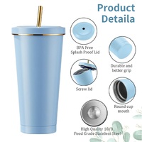 Gobelet isotherme à double paroi avec couvercle et paille, design personnalisé, 500 ml/750 ml, bord doré