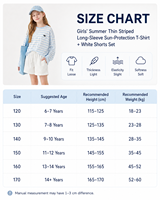 Ensemble T-shirt rayé léger à manches longues anti-UV et short blanc pour filles 2026 – Tenue décontractée ample d'été pour enfants, idéale pour l'extérieur