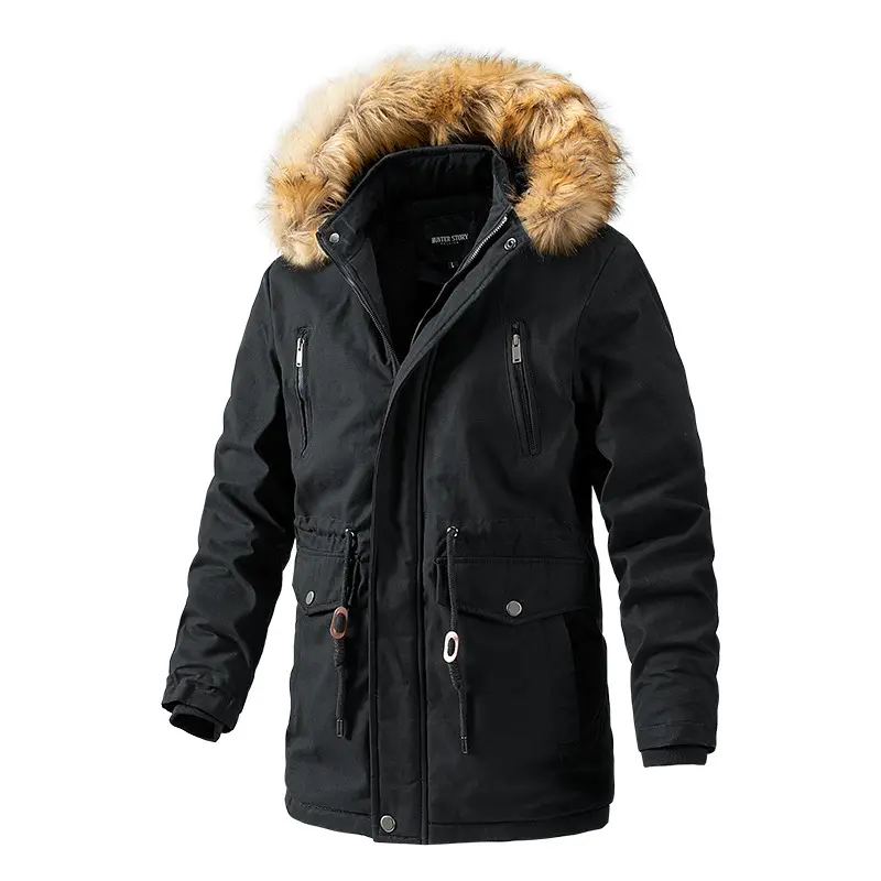 Wholesale men winter outdoor quilted jacket hoodies men detach hat long puffer windproof coats for men