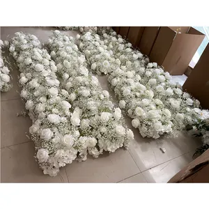 Hot Sale weiße Rose Baby Atem Blume Reihe künstliche Blumen Panel Hochzeit Dekoration Tisch läufer