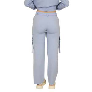 Women's Pants Sky Blue High Waist Cargo Wide Leg <b>Trousers</b> With Side Pockets And <b>Drawstrings</b> For Casual Wear - Product Image 3