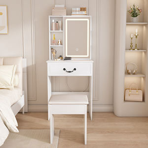 <span class=keywords><strong>Mini</strong></span> coiffeuse moderne avec miroir à lumière LED et rangement caché avec tabouret rembourré de couleur blanche inclus - Product Image 1