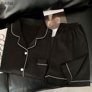 Pyjama d'été noir en soie glacée à manches courtes, style élégant pour seniors, peut être porté à l'extérieur comme ensemble décontracté - Product Image 5