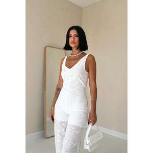 Wholesale Y2K Style <b>White</b> <b>Lace</b> Jumpsuit with Vintage Print Knitting Fabric for Summer and Autumn - Product Image 3