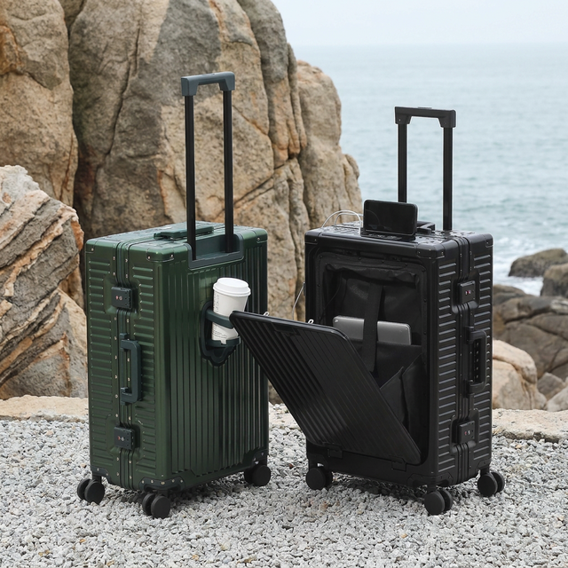 Luxury 20 Inch Full Aluminum Luggage Front Opening Carry on Suitcase Double Open Boarding Case with Silent Spinner Wheels