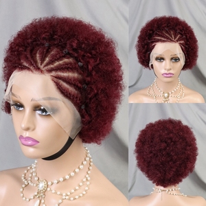 Perruque Courte Bob Pixie Cut <span class=keywords><strong>Afro</strong></span> Crépu Bouclé en Cheveux Humains Ginger Orange avec Tresses, Perruque Frontale en Dentelle Transparente 13x4 pour Femmes - Product Image 4