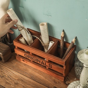 Wooden <b>Pen</b> Holder 24x10x11cm Retro Square Desk Organizer Office Storage <b>Box</b> With Originals Print Stationery Container - Product Image 3
