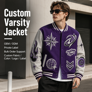 Giacca OEM con <span class=keywords><strong>Motivi</strong></span> Geometrici a Patchwork, Maniche a Contrasto, Colletto a Costine, Chiusura Frontale con Bottoni a Pressione, Tasche con Risvolto, Etichetta Privata, Giacca Varsity - Product Image 1