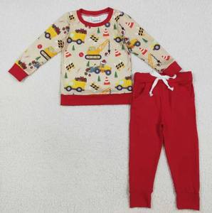 Pijama navideño de camión para niños pequeños, camisa con botones y cuello redondo, pantalones deportivos rojos, conjunto para niños - Product Image 6