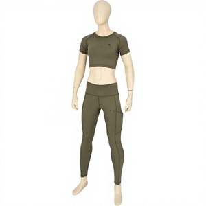 Women's Solid <b>Olive</b> <b>Green</b> Yoga Set High Waist Full Length <b>Leggings</b> With Contrast Stitch Four-Way Stretch Compression Pants - Product Image 1