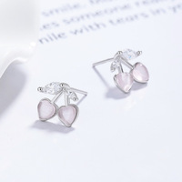 925 Sterling Zilver Kersen Stud Oorbellen Kattenoog Steen Kawaii Sprankelend Schattig voor Vrouwen