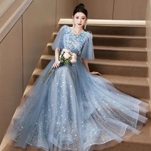 Blue Feather Evening Gown Scoop Neck Empire Waist 3D Floral Print For Coming Of Age Ceremony - Product Image 2