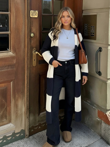 Quality Black White Striped <strong>Longline</strong> Cardigan for Daily Travel for Office Wear Trendy Open Front Knitted Outwear <strong>Jumper</strong> - Product Image 6