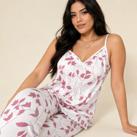 Ensemble de pyjama pour femmes en polyester à imprimé feuilles roses, romantique, été, automne, printemps, camisole et pantalon long, vêtements de détente, vente en gros, OEM personnalisé