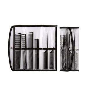 New Professional Beauty Salon Heat Resistant Assorted Barber Hair Combs Carbon Fiber Comb Set in Clear Roll-Up for Hair Cutting