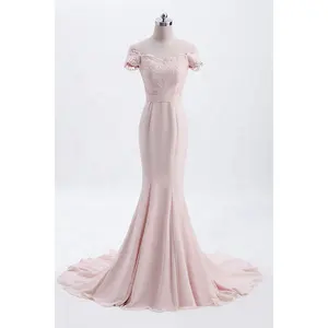 Elegante Meerjungfrau aus der Schulter Chiffon Spitze gerade Brautjungfer Kleid mit Zug