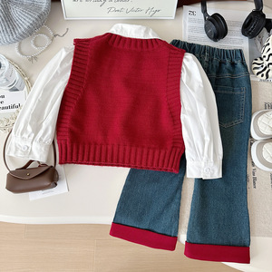 2025 Korean Bow Red Strickweste Weiß Langarmhemd Jeans hose Set Sweet Spring And Autumn Dreiteiliges Set