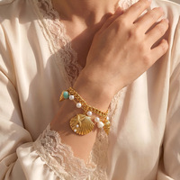 Joyería Bohemia Beach, Brazalete de Acero Inoxidable de Doble Capa con Colgante de Concha, Brazalete de Perlas, Joyería de Moda para Mujer