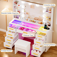 Grande coiffeuse à 9 tiroirs avec dessus en verre LED RGB, prise de courant intégrée et rangement pour bijoux, modèle d'usine