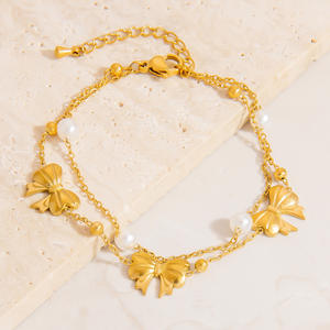 Pulsera de acero inoxidable con dijes de mariposa y corazón, chapada en oro de 18 quilates, diseño de doble capa, para mujer, regalo, joyería. - Product Image 2