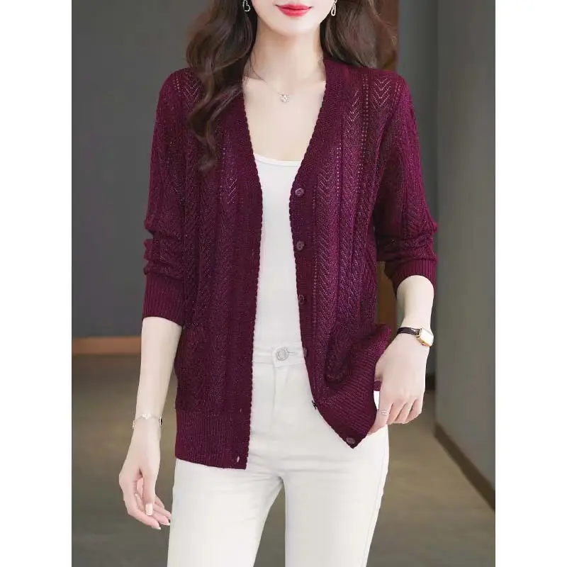 Huachao 중공 얇은 니트 여성 스웨터 반짝이 니트 카디건 여성 여름 스웨터 가을 목도리 짧은 얇은 코트