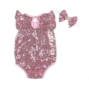 Vêtements pour bébés et tout-petits en coton, couleur unie, paillettes, combinaison pour nouveau-né avec bandeau - Product Image 1