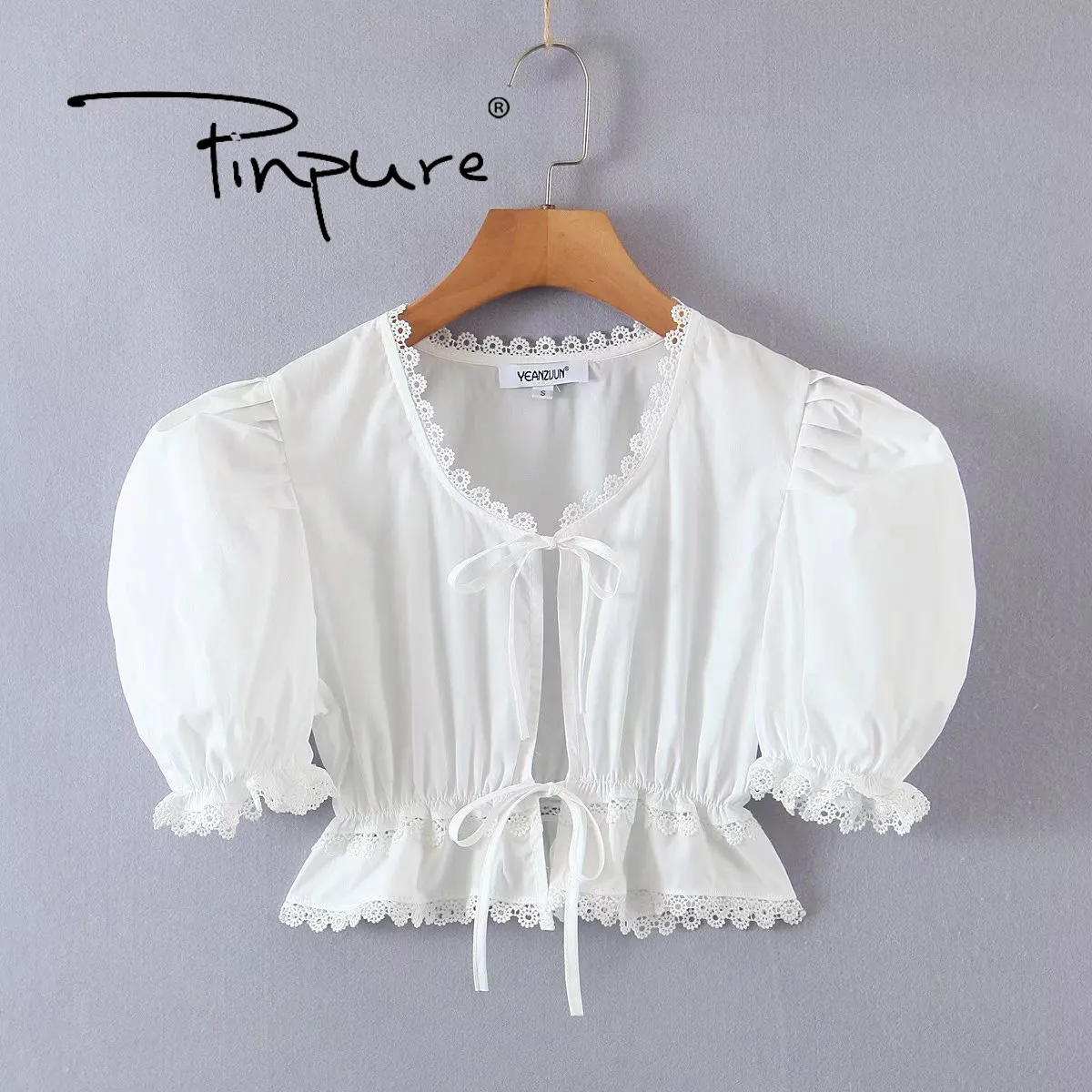 R30879S Summer new European and American fashion pure color lace edge shirt top short chiffon white blouse 2022 Women's Clothing