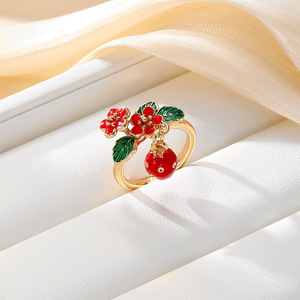 Bague ajustable à motif floral, pendentif en émail rouge en forme de fleur de cerisier, bijoux de mode pour femmes, accessoire de fête - Product Image 4