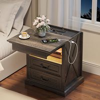Table de chevet avec station de charge, table de chevet avec lumière LED et capteur de mouvement, table d'appoint à 2 tiroirs avec coffre-fort pour armes à feu, marron rustique