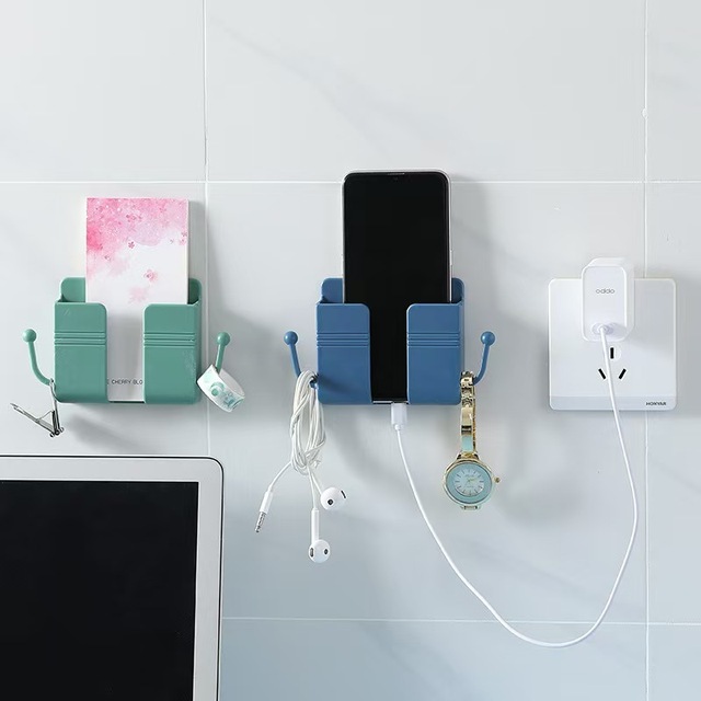 Phone Accessories Wall Mount Adhesive Mobile Phone Wall Charger Holder and Remote Control Stand Multipurpose Storage Box